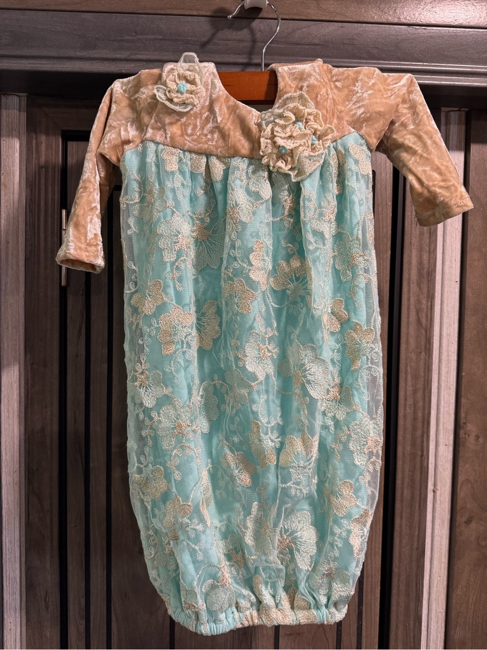Isobella & Chloe Teal and Gold Lace Infant Sleep Sack with Velvet Accents